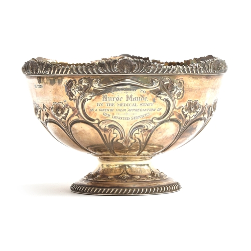 105 - An Edwardian silver pedestal rose bowl by Atkin Brothers, Sheffield 1905, gadrooned and rocaille bor... 