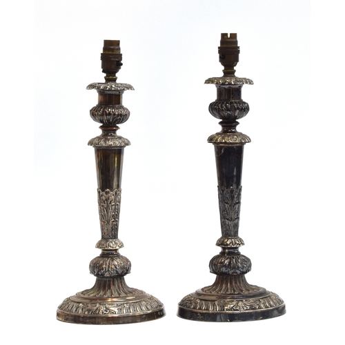 153 - A pair of Old Sheffield plate candlesticks, converted as table lamps, each 40cm high to top of fitti... 