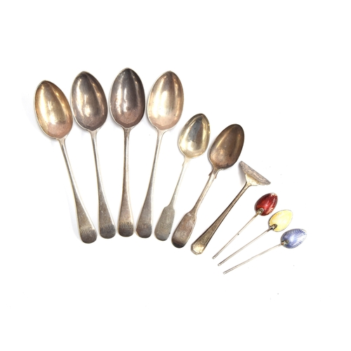 61 - A set of four Old English silver table spoons by Robert Pringle & Sons, London 1927; together with s... 