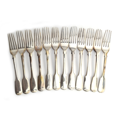 62 - A set of 11 silver fiddle pattern table forks by John, Henry & Charles Lias, London 1831 and 1832; t... 