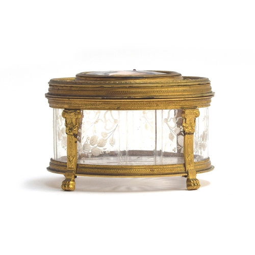 163 - A French circular ormolu mounted crystal casket, the lid with hand painted enamel plaque depicting a... 