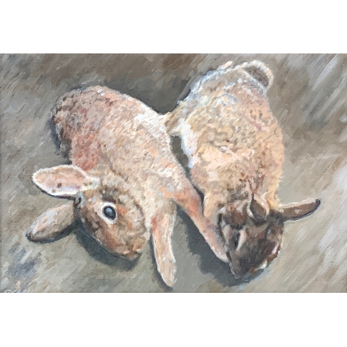 359 - William Joseph Oxer B.A. F.R.S.A., A brace of Rabbits, oil on canvas, 28 x 40cm, label to verso for ... 