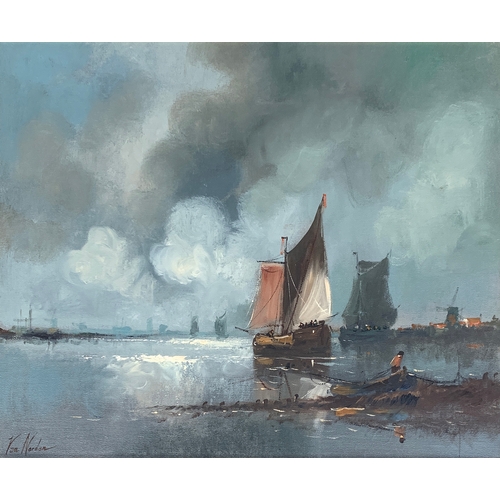 377 - Van Norden (Dutch, 20th century), Fishing boats in a harbour, signed, oil on canvas,, 50 x 61cm