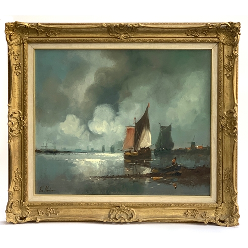 377 - Van Norden (Dutch, 20th century), Fishing boats in a harbour, signed, oil on canvas,, 50 x 61cm