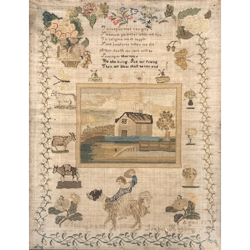 322 - A 19th century verse sampler, central panel depicting a house surrounded by farm animals, with girl ... 