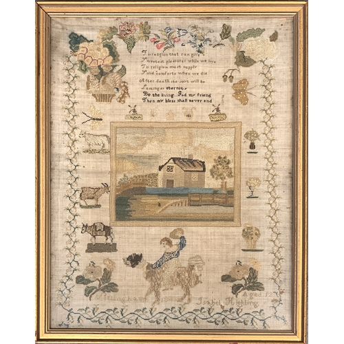 322 - A 19th century verse sampler, central panel depicting a house surrounded by farm animals, with girl ... 