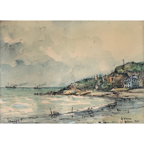 326 - 20th century British, watercolour of a coastal scene, dated 1950, 22.5 x 31cm