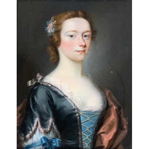 367 - William Hoare of Bath (1706-1799) Portrait of Anna Latty (1758 - 1824), half length, in blue silk dr... 