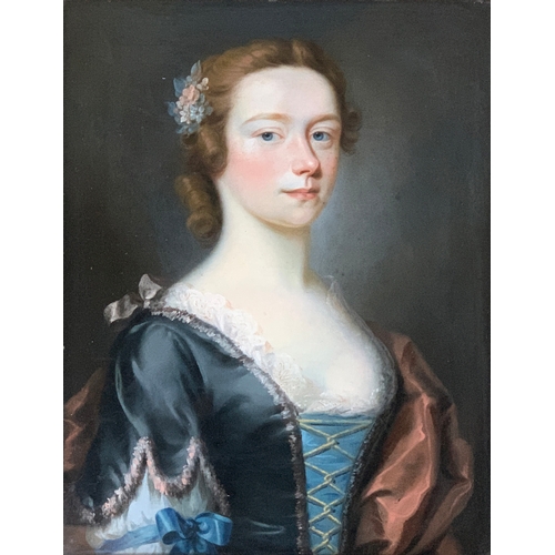 367 - William Hoare of Bath (1706-1799) Portrait of Anna Latty (1758 - 1824), half length, in blue silk dr... 