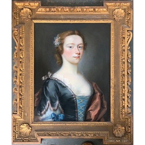 367 - William Hoare of Bath (1706-1799) Portrait of Anna Latty (1758 - 1824), half length, in blue silk dr... 