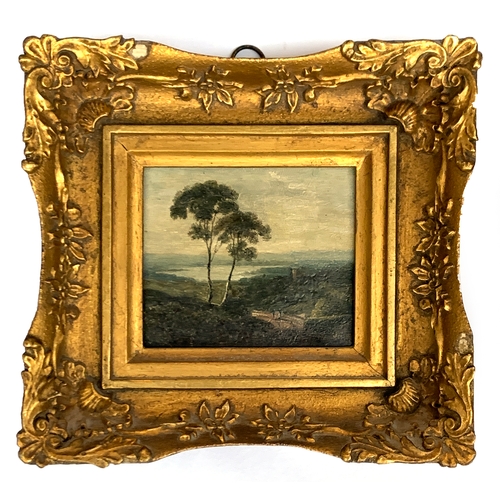 378 - A pair of 19th century oil on board studies of Italianate landscapes, each 8.5x10cm, in ornate gesso... 