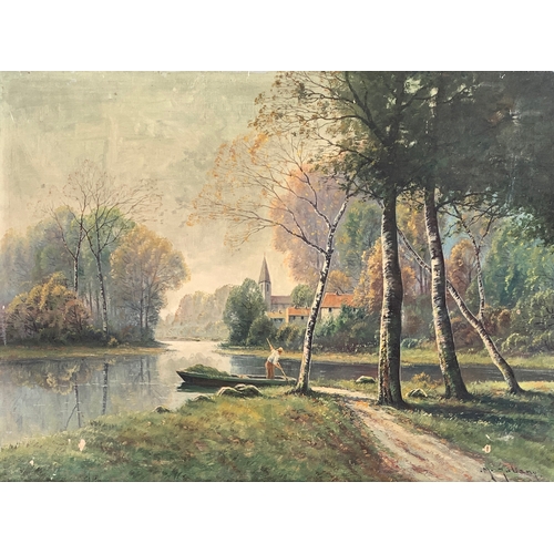 383 - M. Juliany, oil on canvas, signed lower right, river scene with punt, 60 x 80cm