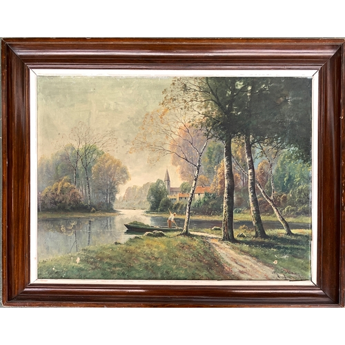 383 - M. Juliany, oil on canvas, signed lower right, river scene with punt, 60 x 80cm