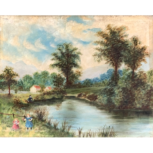 386 - 19th century continental school, children picking flowers near a lake, oil on canvas, 30x38cm