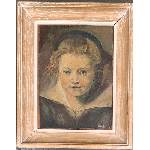 391 - 20th century French school, portrait of a young girl, oil on board, signed indistinctly and dated 19... 