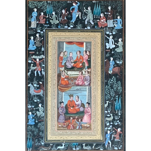 317 - A Persian miniature gouache on paper, depicting palace gathering scenes, intricately detailed border... 