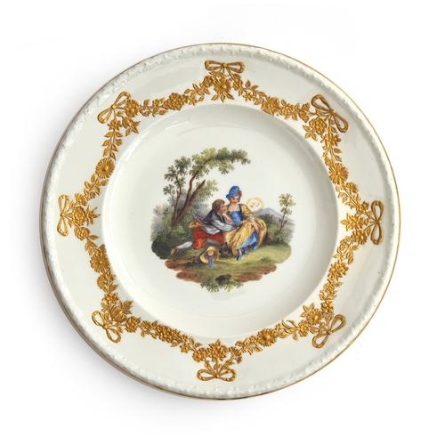 254 - A Dresden porcelain cabinet plate, hand painted scene depicting lovers in a continental landscape, e... 