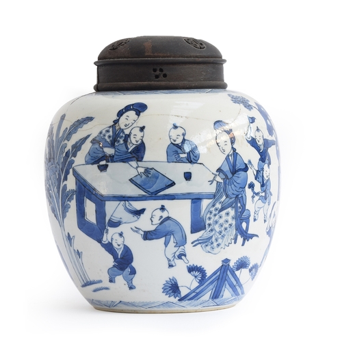 208 - A large Chinese Kangxi style blue and white ginger jar, depicting women and children playing around ... 