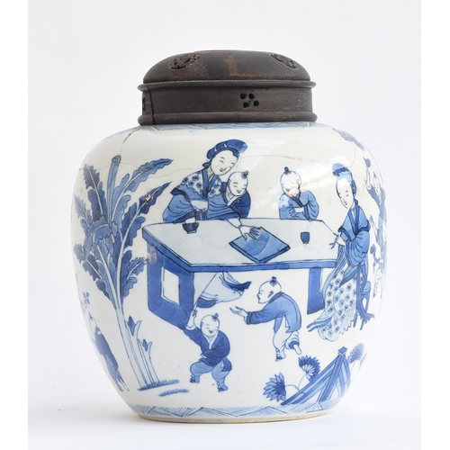 208 - A large Chinese Kangxi style blue and white ginger jar, depicting women and children playing around ... 