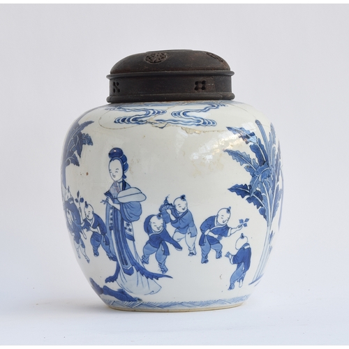 208 - A large Chinese Kangxi style blue and white ginger jar, depicting women and children playing around ... 