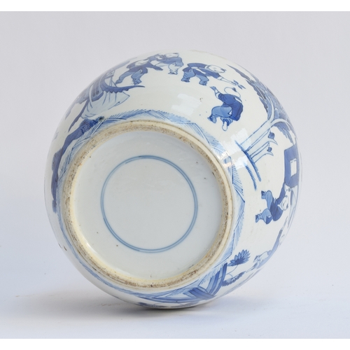 208 - A large Chinese Kangxi style blue and white ginger jar, depicting women and children playing around ... 