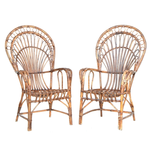 609 - A pair of bamboo hoop back open armchairs, the backs 123cm high