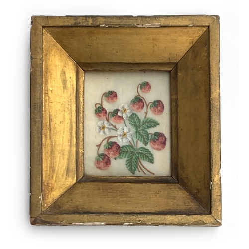 323 - A small 19th century needlework study of wild strawberries, 7.5x6.5cm