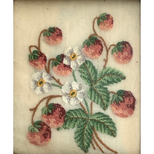 323 - A small 19th century needlework study of wild strawberries, 7.5x6.5cm