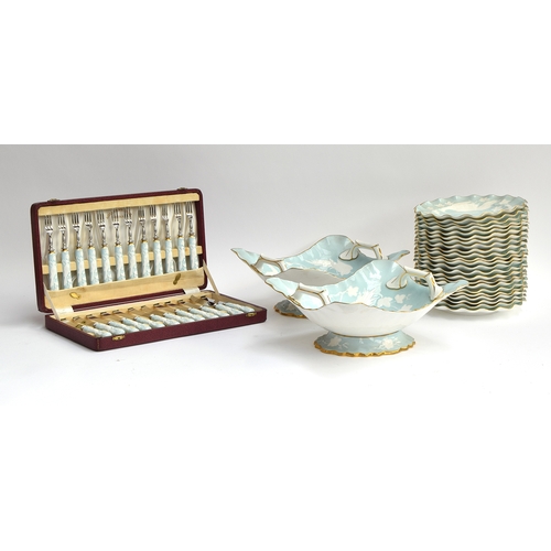 257 - A Royal Crown derby set of cased flatware and part dinner service, powder blue ground with white flo... 