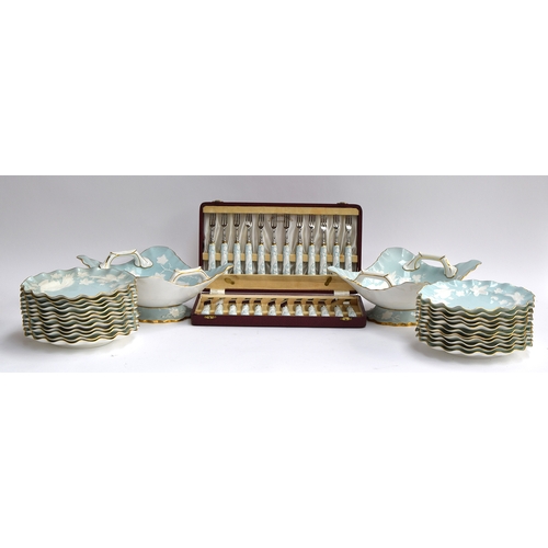 257 - A Royal Crown derby set of cased flatware and part dinner service, powder blue ground with white flo... 