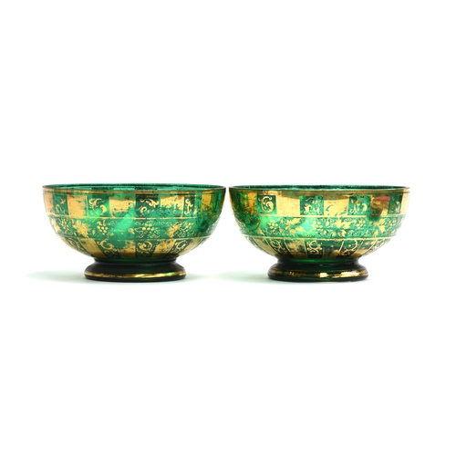 266 - A pair of late 19th/early 20th century green Bohemian glass bowls, with gilt grapevine decoration, e... 