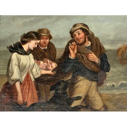 380 - 19th century Dutch school, gathering on the shore, oil on board, 16.5x22cm