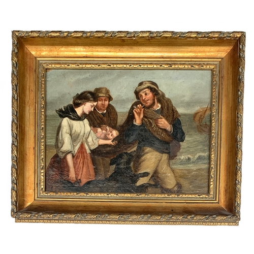 380 - 19th century Dutch school, gathering on the shore, oil on board, 16.5x22cm