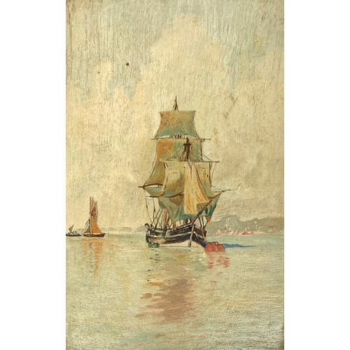 387 - 19th century British school, a pair of oil on boards depicting ships at sea, each 22.5x14.5cm (2)