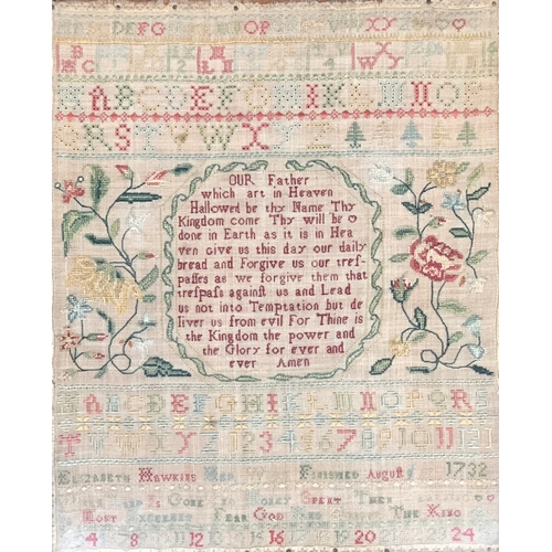 321 - An 18th century alphabet sampler with the Lord's prayer, 'Elizabeth Hawkins, her work finished Augus... 