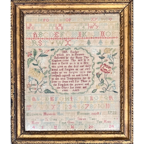 321 - An 18th century alphabet sampler with the Lord's prayer, 'Elizabeth Hawkins, her work finished Augus... 