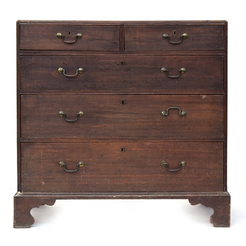 520 - A George II oak chest of two short over three long drawers, the top with an ovolo lip, the drawers w... 