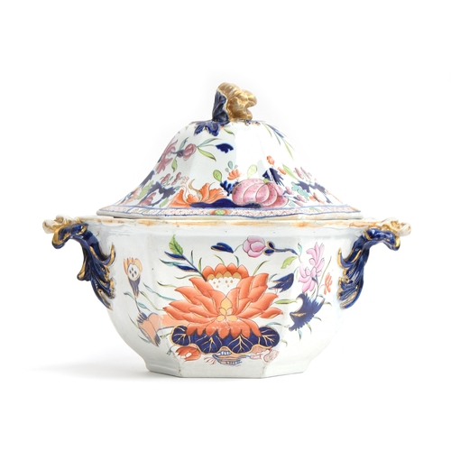 252 - A 19th Century Masons Ironstone hexagonal Tureen and Cover, floral enameled in the Imari palette and... 