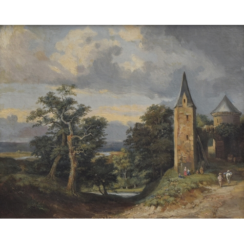 381 - Early 19th century continental school, figures and a tower in a landscape, oil on board, dated 1835 ... 