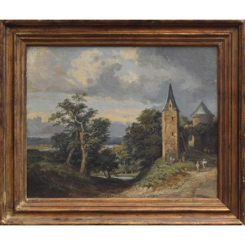 381 - Early 19th century continental school, figures and a tower in a landscape, oil on board, dated 1835 ... 