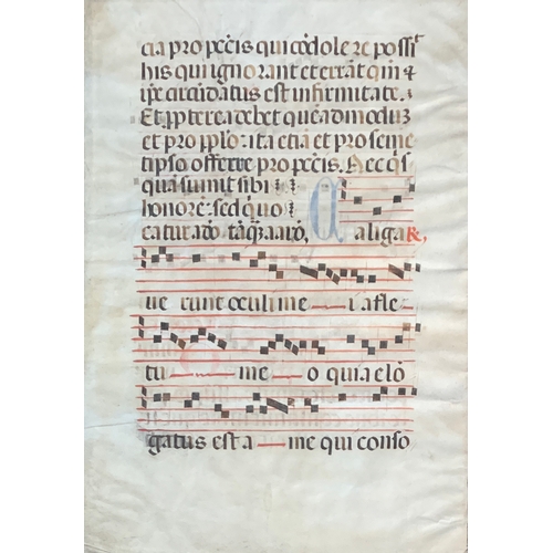 320 - A leaf from a dispersed velum painted manuscript, both sides, text over plainsong, 43 x 30cm