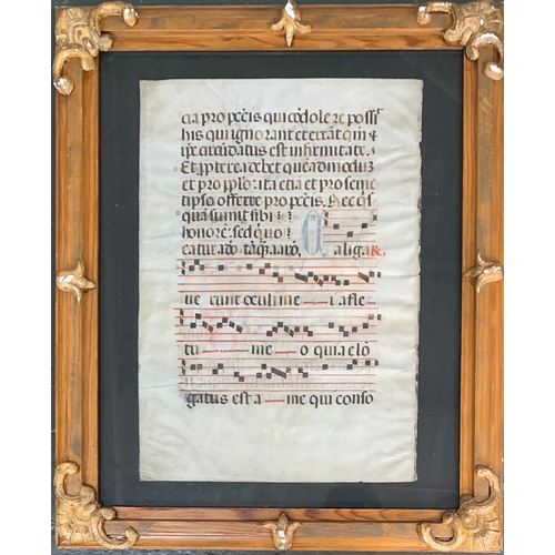 320 - A leaf from a dispersed velum painted manuscript, both sides, text over plainsong, 43 x 30cm