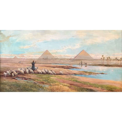 372 - Attributed to Frederick Goodall (1822 - 1904), A Shepherd with his flock of sheep with the Pyramids ... 