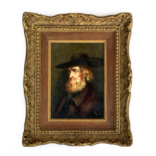 361 - 19th century Dutch school, portrait of a bearded man wearing a hat, oil on board, 17x11.5cm