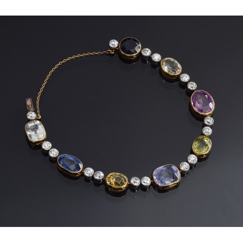 30 - A Victorian gem-set and diamond bracelet, set with large multi-coloured sapphires, approx. 4 carat r...