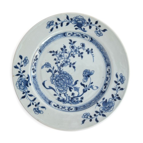 209 - A Chinese Nanking cargo plate with blue and white peony design, bears label for Christies lot 3651 o... 