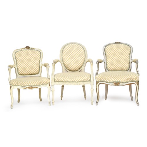 611 - A harlequin set of three 19th century Continental giltwood chairs