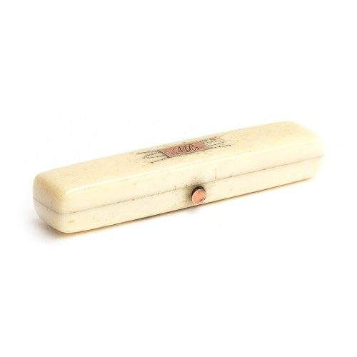 198 - A George III ivory toothpick case, with yellow metal inlaid dot decoration and plaque monogrammed 'M... 