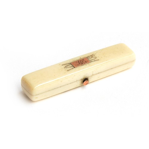 198 - A George III ivory toothpick case, with yellow metal inlaid dot decoration and plaque monogrammed 'M... 