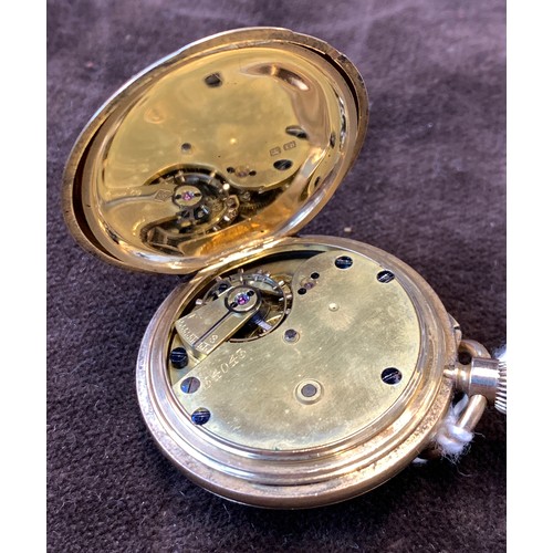 45 - A Victorian 18ct gold half hunter pocket watch, the white enamel dial with Roman numerals and blued ... 